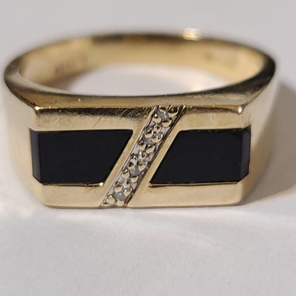 M&G Onyx Diamond Men's Ring Retro 10k Yellow Gold Size 10.5 AS IS - Picture 2 of 11